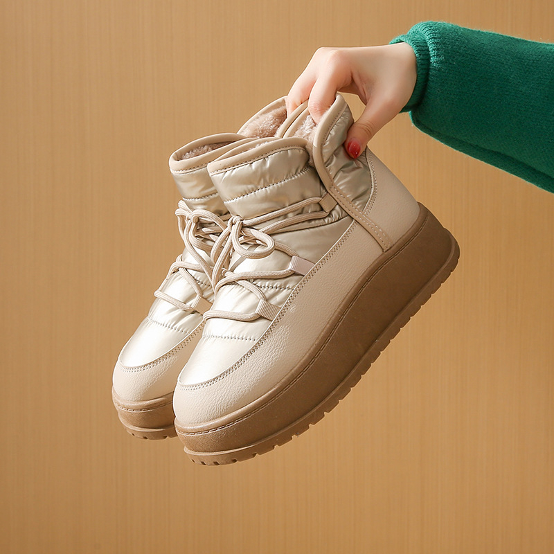 Cizme de zăpadă înalte cu căptușeală din fleece pentru studente, iarna 2024, pantofi casual coreeni din bumbac cald K2905