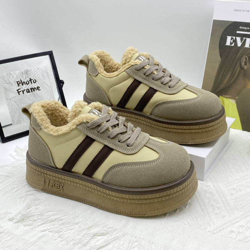 Storapadis, vilnos pamušalu vokiški moteriški treniruočių bateliai, 2025 m. žiemos naujas stilius, ūgį didinantys retro stiliaus sportiniai laisvalaikio sportbačiai su raišteliais, duonos formos medvilniniai bateliai