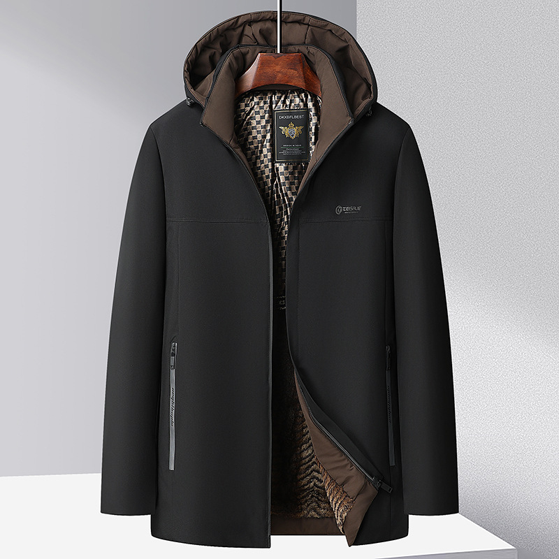 Pusmūža un vecāka gadagājuma vīriešu kokvilnas pildīta jaka 2024. gada ziemas pusmūža vīriešu vilnas oderēta kapuce biznesa un atpūtas silta kokvilnas pildīta jaka