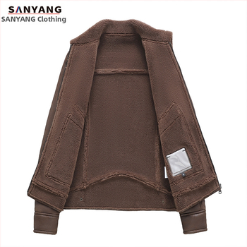 Žieminė zomšos kailio ir vilnos pamušalo odinė striukė, vyriška odinė striukė, ėriuko kailio, motociklo, didmeninė prekyba