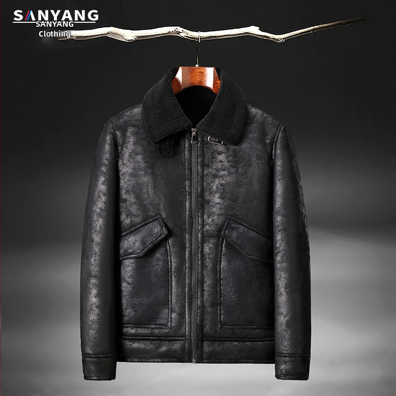 Зимно кожено яке от велур с интегрирана поларена подплата, удебелено кожено яке за мъже, кожено яке от агнешка кожа за мотоциклети на едро