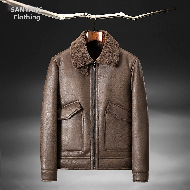 Žieminė zomšos kailio ir vilnos pamušalo odinė striukė, vyriška odinė striukė, ėriuko kailio, motociklo, didmeninė prekyba