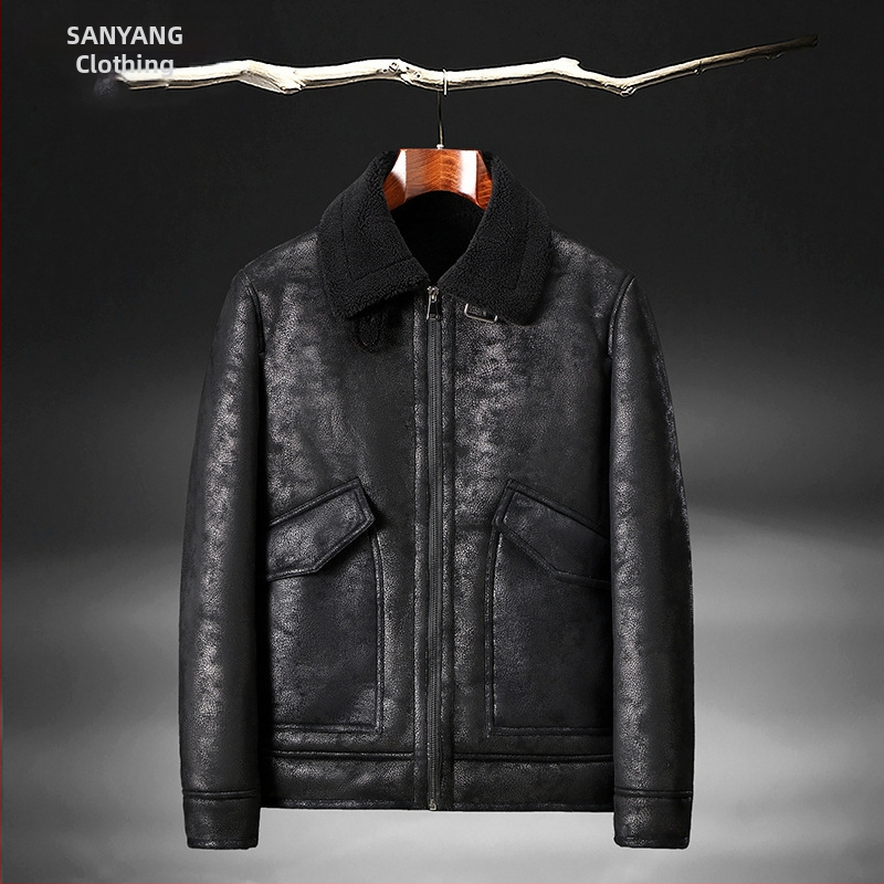 Žieminė zomšos kailio ir vilnos pamušalo odinė striukė, vyriška odinė striukė, ėriuko kailio, motociklo, didmeninė prekyba