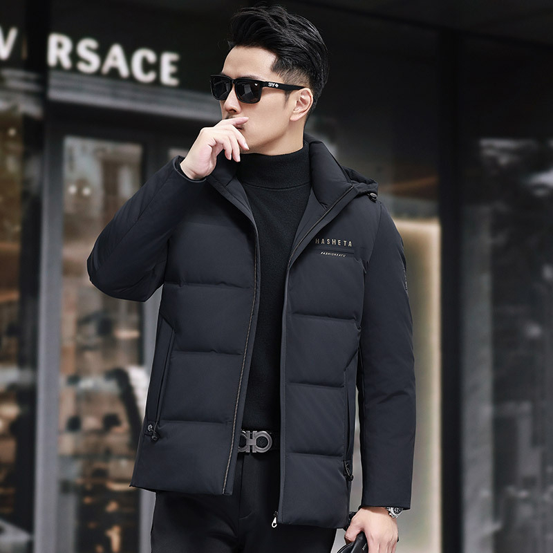 Vyriška pūkinė striukė su nuimama kepure, madingas miesto stiliaus, ančių pūkų, 2024 m. rudens/žiemos stilius