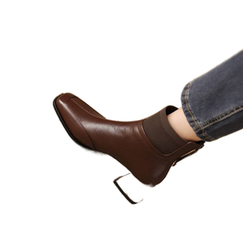 Jin Bukang Ghete cu toc mic pentru femei, toamna și iarna, nou-venite, la modă, cu vârf pătrat, tocuri înalte, căptușeală din fleece, toc gros, piele țesută cu mușchi