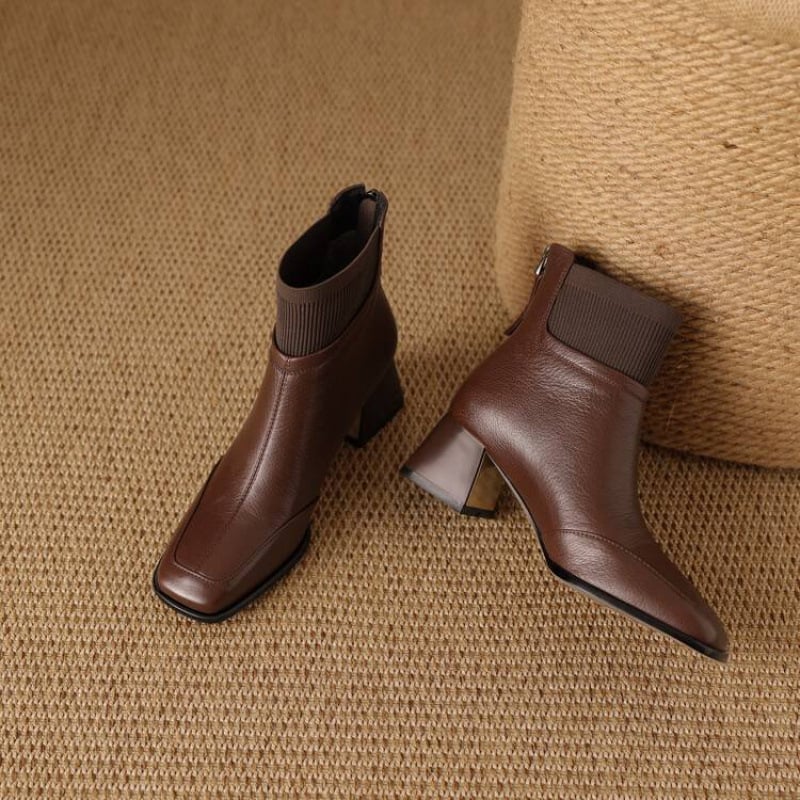 Jin Bukang Ghete cu toc mic pentru femei, toamna și iarna, nou-venite, la modă, cu vârf pătrat, tocuri înalte, căptușeală din fleece, toc gros, piele țesută cu mușchi