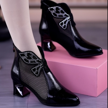 Sandale cu toc gros și toc înalt pentru femei, cu toc gros, cu toc din plasă, cu gol, pentru primăvară și vară, 2025