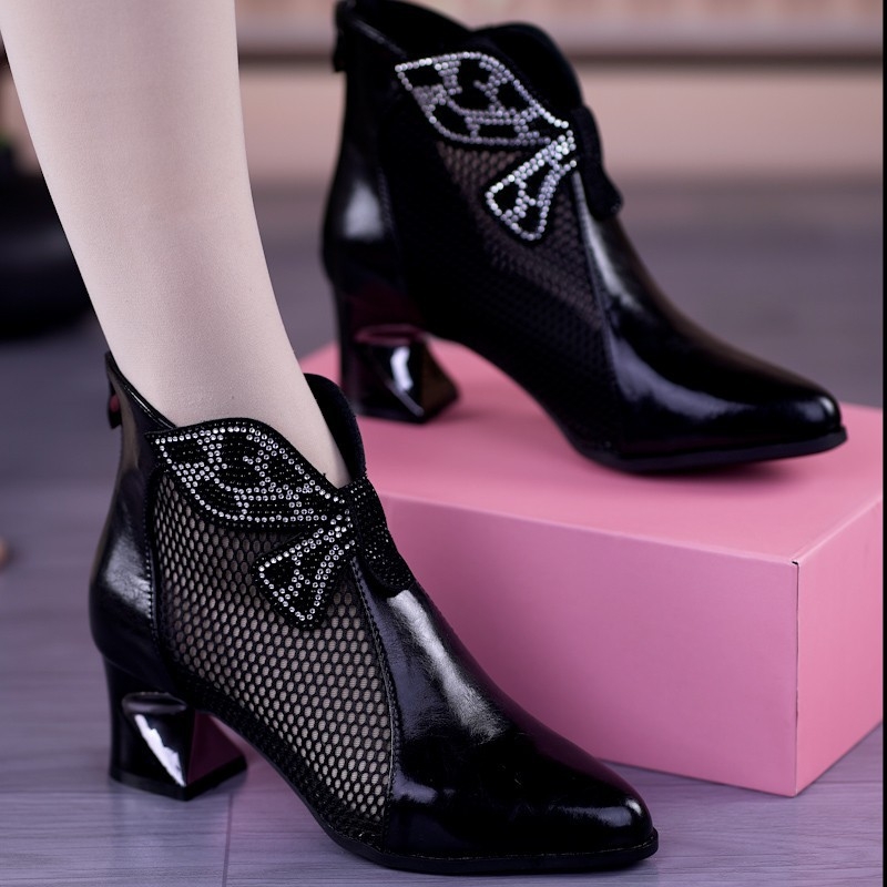 Sandale cu toc gros și toc înalt pentru femei, cu toc gros, cu toc din plasă, cu gol, pentru primăvară și vară, 2025