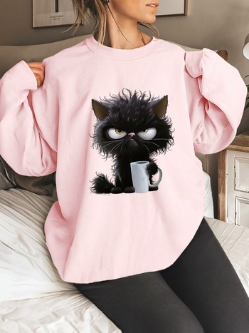 Pulover la modă pentru femei cu imprimeu drăguț de pisică, mărime europeană, pulover cu mânecă lungă, casual, cu guler rotund