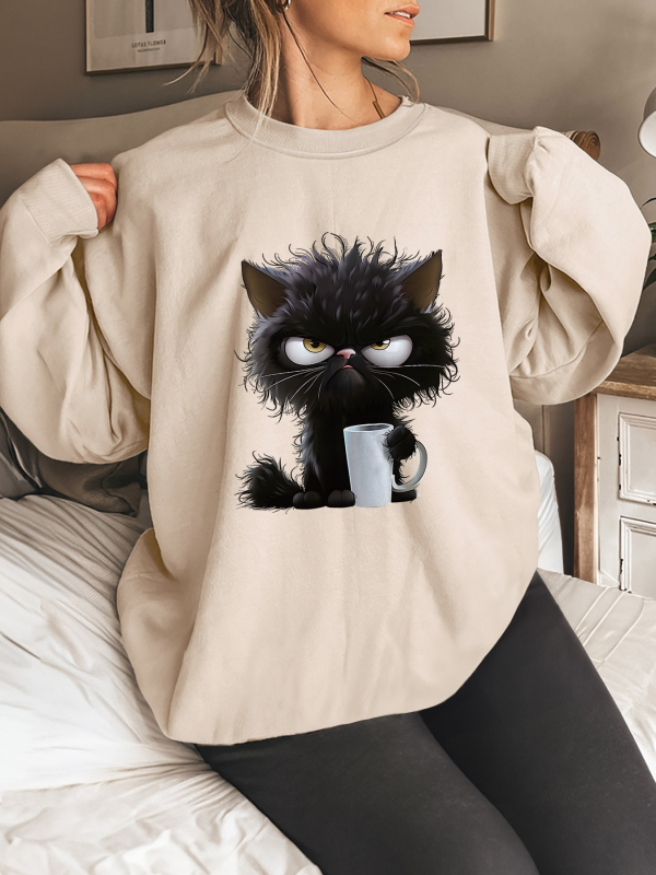 Pulover la modă pentru femei cu imprimeu drăguț de pisică, mărime europeană, pulover cu mânecă lungă, casual, cu guler rotund