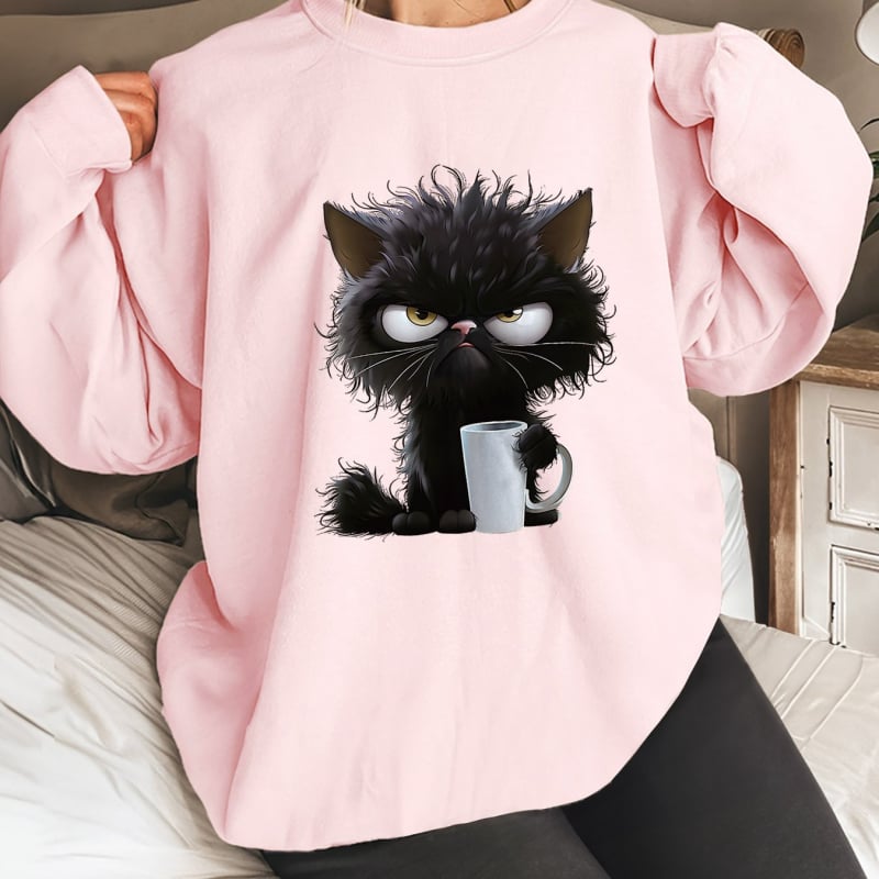 Pulover la modă pentru femei cu imprimeu drăguț de pisică, mărime europeană, pulover cu mânecă lungă, casual, cu guler rotund