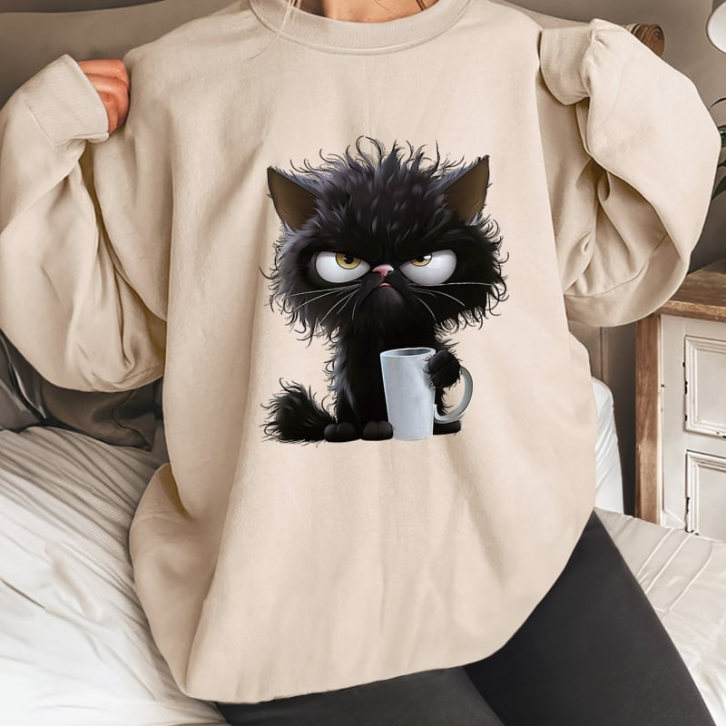 Pulover la modă pentru femei cu imprimeu drăguț de pisică, mărime europeană, pulover cu mânecă lungă, casual, cu guler rotund