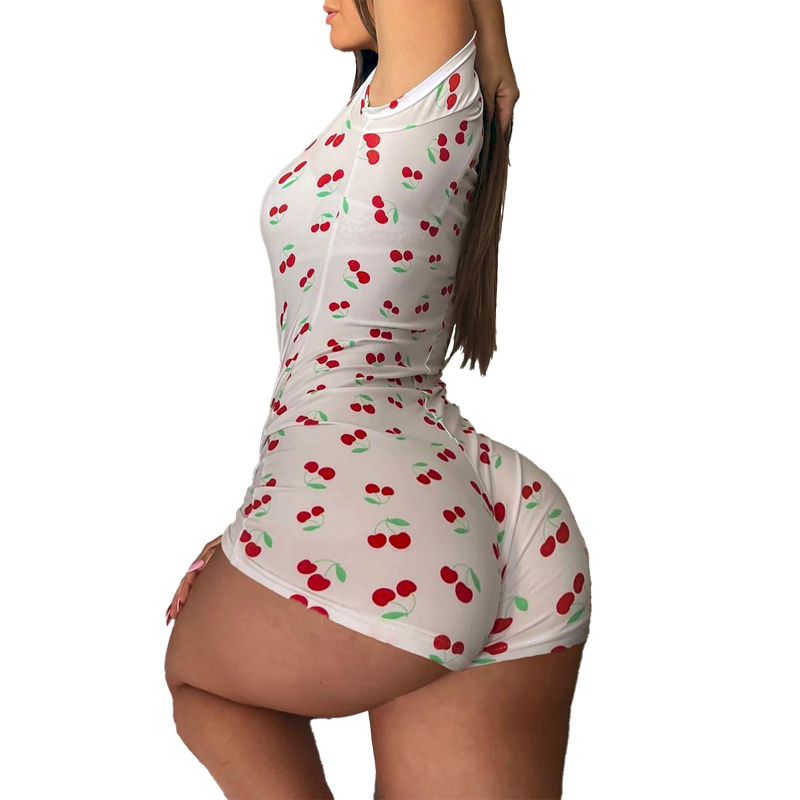 Transfrontaliere 2025 Export de vară Îmbrăcăminte pentru femei Cireșe Imprimeu V Decolteu cu un singur rând de nasturi Slim Basic Salopete cu mânecă scurtă