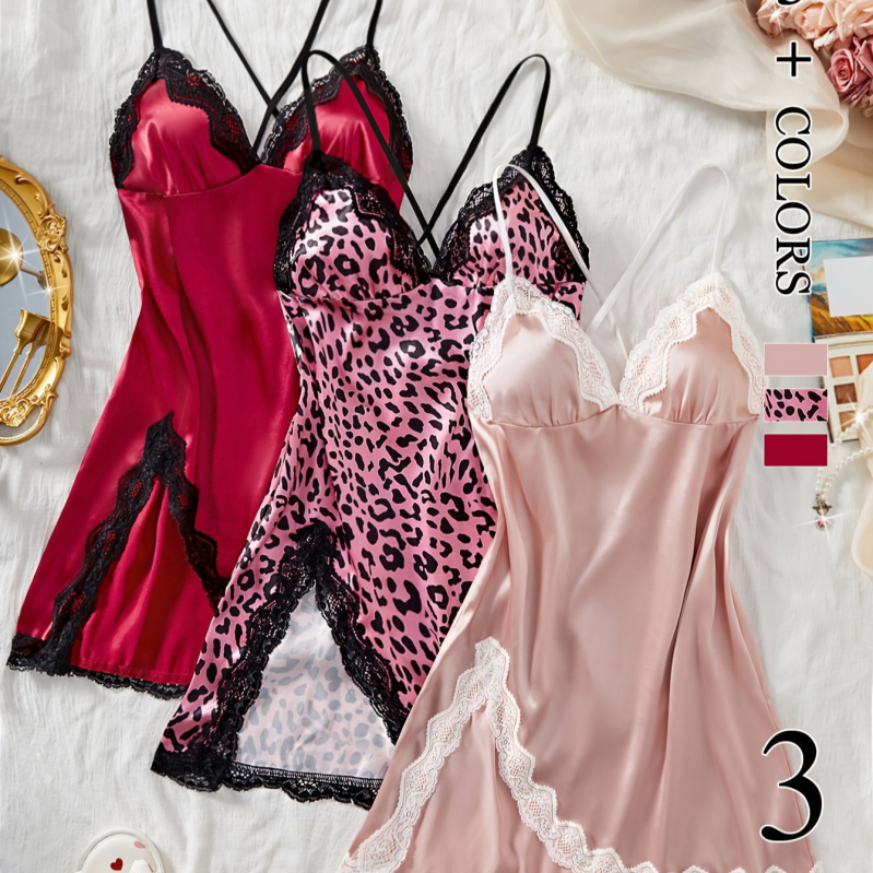 Trīsdaļīgs mežģīņu pidžamas komplekts, mežģīņu piespraude, V veida kakla izgriezums, bez muguras, seksīga kleita, dāmu elegants mājas apģērbs