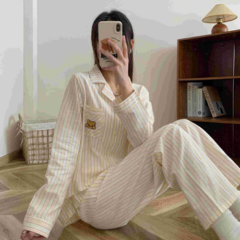 Ιαπωνικό στυλ γυναικών ριγέ πλυμένο βαμβάκι με μακριά μανίκια πιτζάμες άνοιξη και καλοκαίρι λεπτό καθαρό βαμβάκι ρούχα για το σπίτι χαλαρό κοστούμι ζακέτας