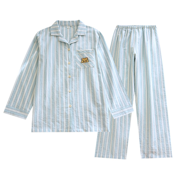 Ιαπωνικό στυλ γυναικών ριγέ πλυμένο βαμβάκι με μακριά μανίκια πιτζάμες άνοιξη και καλοκαίρι λεπτό καθαρό βαμβάκι ρούχα για το σπίτι χαλαρό κοστούμι ζακέτας