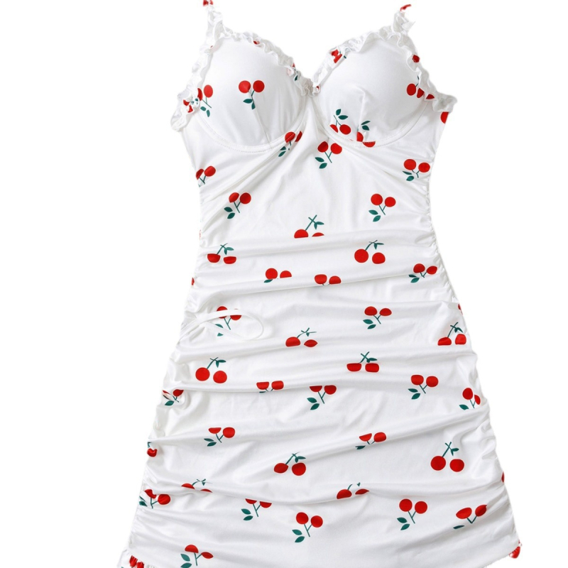 2024 m. naujas seksualus pižamos kostiumas su pieno šilko vyšnių rašto suknele ir grybo rašto nėrinių naktinukais