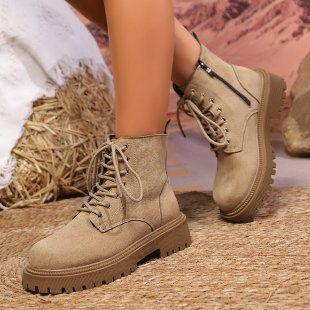 Ležerne, jednoslojne čizme za sve stilove, nove 2024., prekogranične, veće veličine, jesenske, okrugle sprijeda, s vezicama, debele pete, jednobojne ženske martin čizme