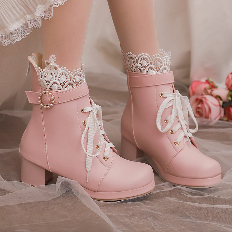 2024 Νέα Φθινοπωρινά και Χειμερινά Wish Γυναικεία Martins με Χαμηλό Κύλινδρο και Δαντελένιο Άκρο, Μέγεθος 30-48