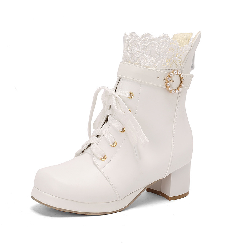 2024 Νέα Φθινοπωρινά και Χειμερινά Wish Γυναικεία Martins με Χαμηλό Κύλινδρο και Δαντελένιο Άκρο, Μέγεθος 30-48