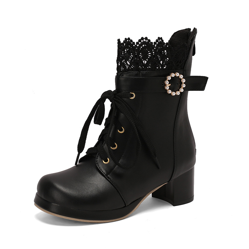 2024 Νέα Φθινοπωρινά και Χειμερινά Wish Γυναικεία Martins με Χαμηλό Κύλινδρο και Δαντελένιο Άκρο, Μέγεθος 30-48