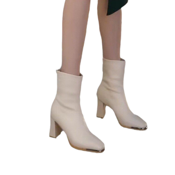 Cizme de damă cu toc înalt și cap pătrat metalic în stil coreean, stil scurt, Martin, cizme pentru femei 2024, toamna și iarna, toc gros, fermoar spate, cizme subțiri la modă