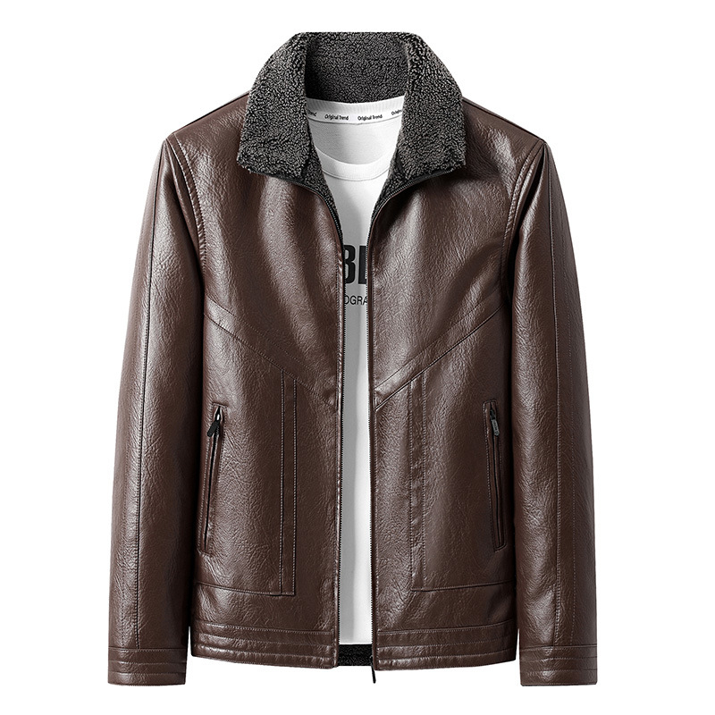 Мъжко кожено ежедневно яке, плюс размер, дебел мъж, зимно яке с поларена подплата, за средна и по-възрастни хора с вълнена яка