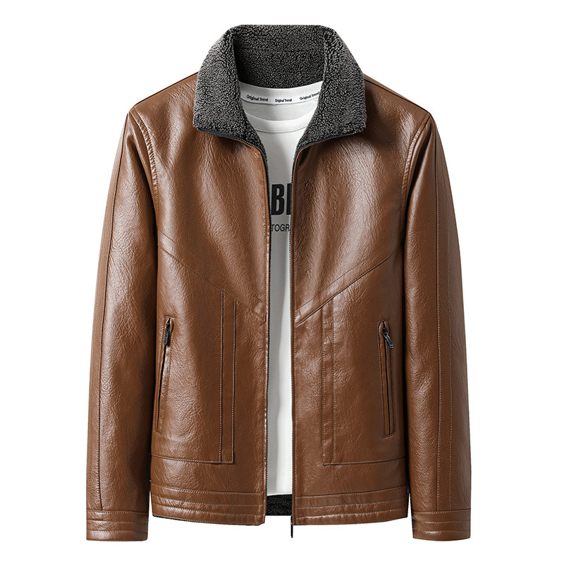 Мъжко кожено ежедневно яке, плюс размер, дебел мъж, зимно яке с поларена подплата, за средна и по-възрастни хора с вълнена яка