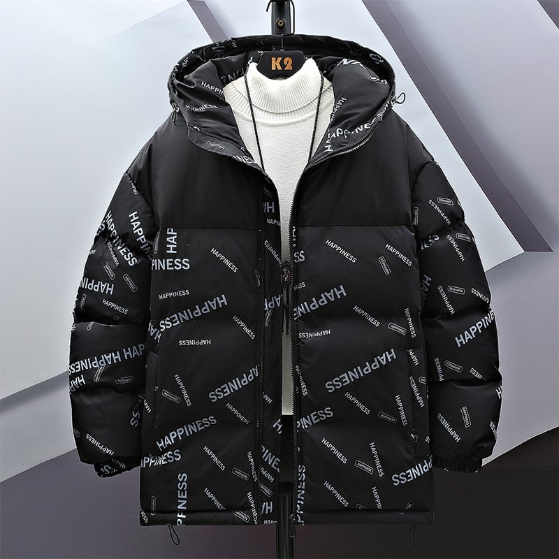 Jachetă bărbătească cu glugă, căptușită cu bumbac, de iarnă, îngroșată, 2024, imprimată, jachetă căptușită cu bumbac, mărime plus, jachetă lejeră, căptușită cu bumbac, en-gros din fabrică