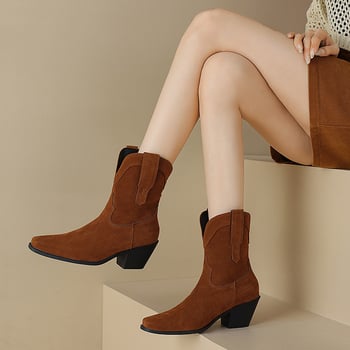 Cizme western cu toc gros și gura în V, cu vârf ascuțit, retro maro, din denim, scurte, pantofi pentru femei, 2024, cizme simple noi de primăvară și toamnă, 43