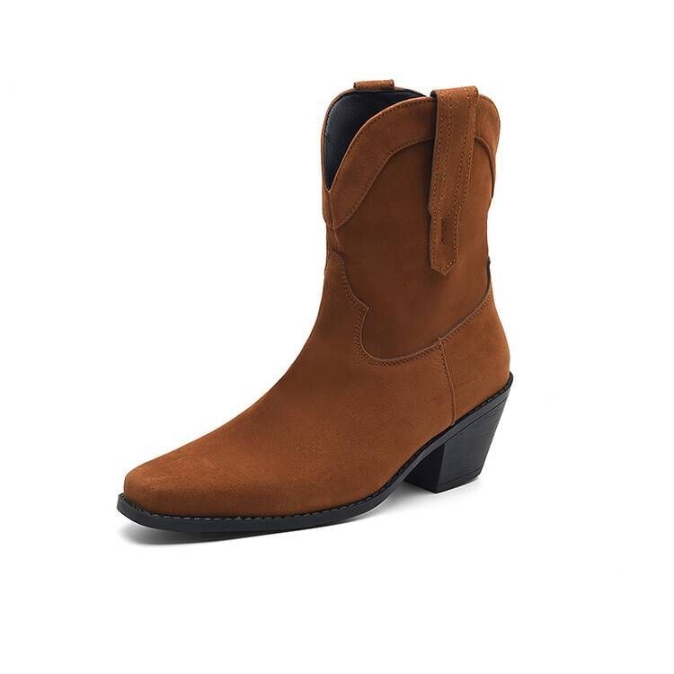 Cizme western cu toc gros și gura în V, cu vârf ascuțit, retro maro, din denim, scurte, pantofi pentru femei, 2024, cizme simple noi de primăvară și toamnă, 43