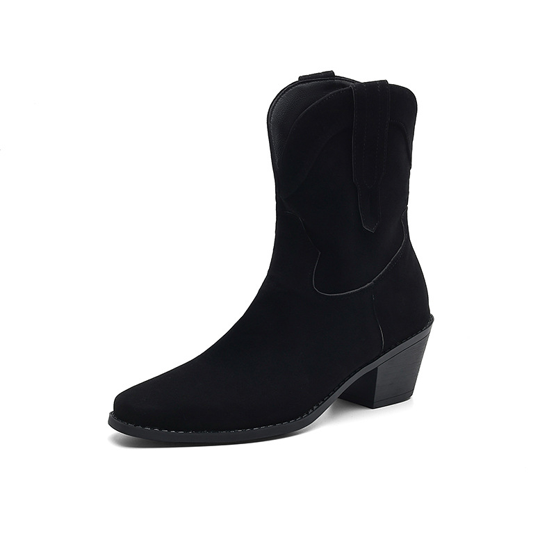 Cizme western cu toc gros și gura în V, cu vârf ascuțit, retro maro, din denim, scurte, pantofi pentru femei, 2024, cizme simple noi de primăvară și toamnă, 43