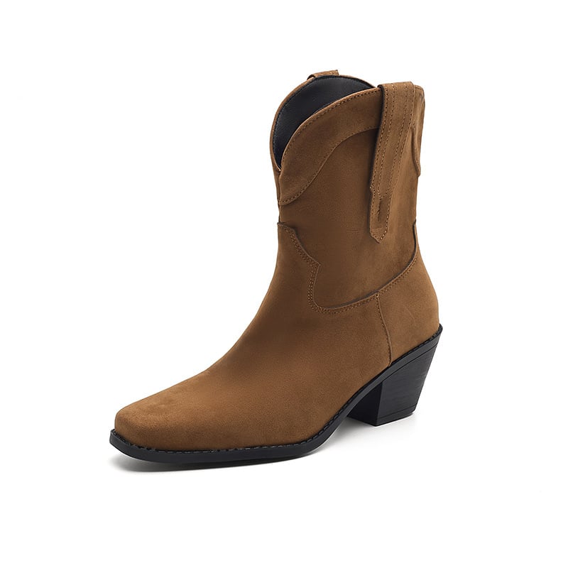 Cizme western cu toc gros și gura în V, cu vârf ascuțit, retro maro, din denim, scurte, pantofi pentru femei, 2024, cizme simple noi de primăvară și toamnă, 43