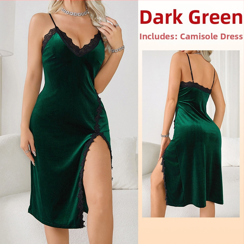 Eiropas un Amerikas pārrobežu ārējās tirdzniecības seksīga dziļa V veida pidžama sieviešu garās siksnas naktskrekls samta mežģīņu kārdinājums bez muguras mājas 341