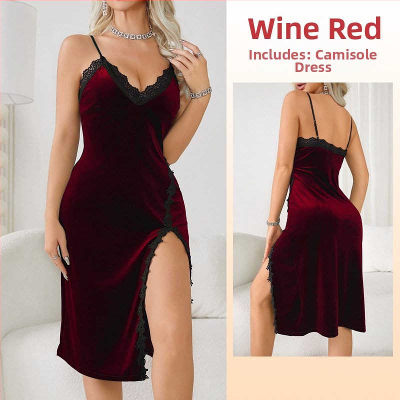 Eiropas un Amerikas pārrobežu ārējās tirdzniecības seksīga dziļa V veida pidžama sieviešu garās siksnas naktskrekls samta mežģīņu kārdinājums bez muguras mājas 341