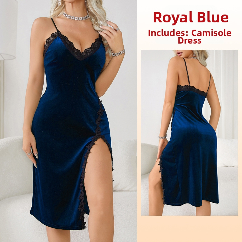 Eiropas un Amerikas pārrobežu ārējās tirdzniecības seksīga dziļa V veida pidžama sieviešu garās siksnas naktskrekls samta mežģīņu kārdinājums bez muguras mājas 341