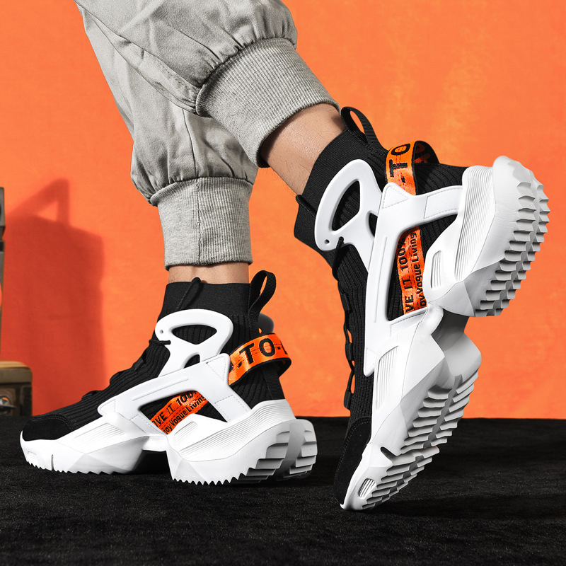 Pánske basketbalové trendy športové topánky s hrubou podrážkou, nové pletené vysoké jesenné pánske trendy topánky na zvýšenie výšky