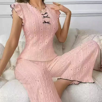 Ευρωπαϊκό και αμερικανικό κοστούμι στυλ Sweet Bow γυναικεία πιτζάμες καλοκαίρι νέα υψηλής ποιότητας στρογγυλή λαιμόκοψη αμάνικο κοίλο σπίτι ρούχα