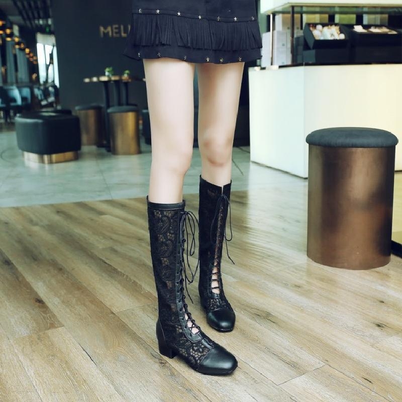 Ljeto 2018. Novi dolazak, visoke čizme s remenčićima, ženske čizme s okruglim vrhom, čizme s debelom petom, čipkaste sandale za žene