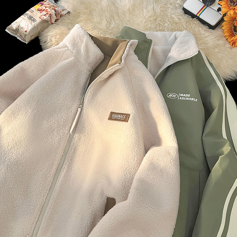 NASA madingas dvipusis ėriuko odos švarkas vyrams ir moterims rudens ir žiemos vilnos pamušalu, sustorinta šilta laisvalaikio apykakle, didmeninė prekyba