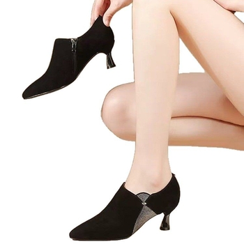Γυναικεία ψηλοτάκουνα παπούτσια με βαθύ τακούνι στιλέτο και στρας, άνοιξη 2025, νέα, μαύρα, παγωμένα, άνετα, μυτερά, μεγάλα μεγέθη