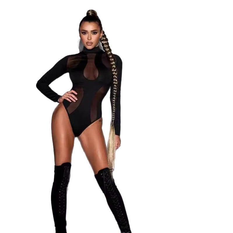 Salopă de primăvară și vară cu design sexy din plasă transparentă, slăbire, guler rotund, mânecă lungă