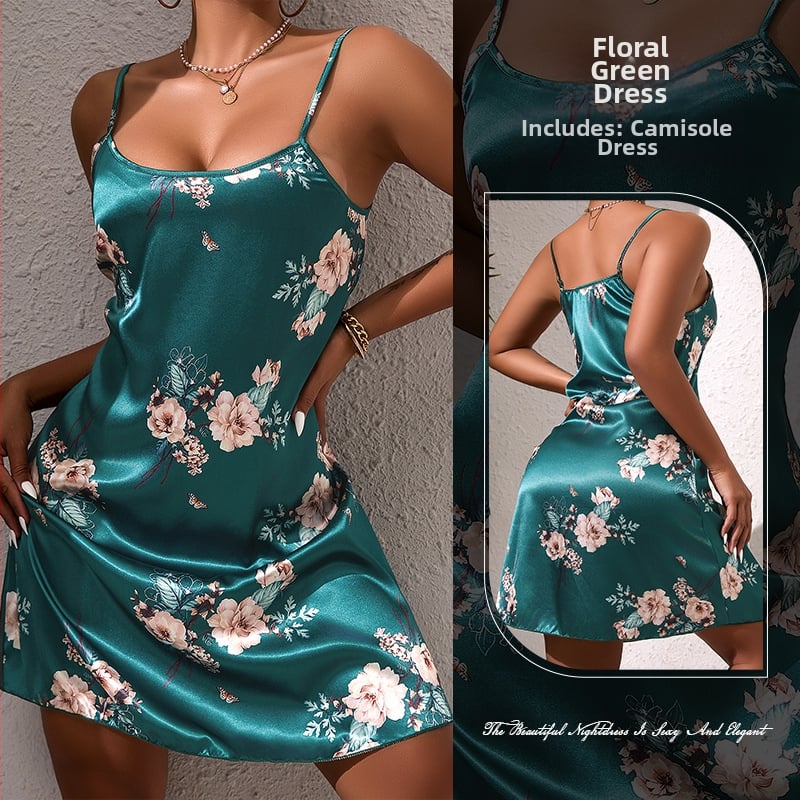 Nova elegantna svilena haljina s cvjetnim printom u zelenoj boji, prekogranična, za Europu i Sjedinjene Države, veleprodaja 650