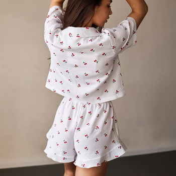Ευρωπαϊκή και αμερικανική διασυνοριακή προμήθεια νημάτων βαμβακιού από καθαρό βαμβάκι, γυναικείες πιτζάμες με τυπωμένα, χαλαρά, μαλακά, κοντομάνικα σορτς, γυναικείο πέτο από κερασί