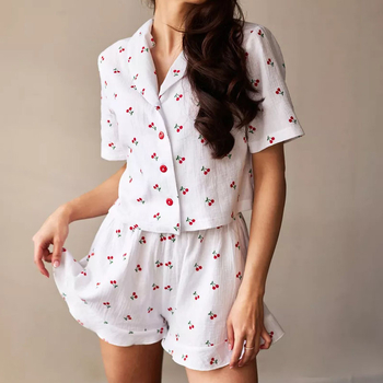 Ευρωπαϊκή και αμερικανική διασυνοριακή προμήθεια νημάτων βαμβακιού από καθαρό βαμβάκι, γυναικείες πιτζάμες με τυπωμένα, χαλαρά, μαλακά, κοντομάνικα σορτς, γυναικείο πέτο από κερασί