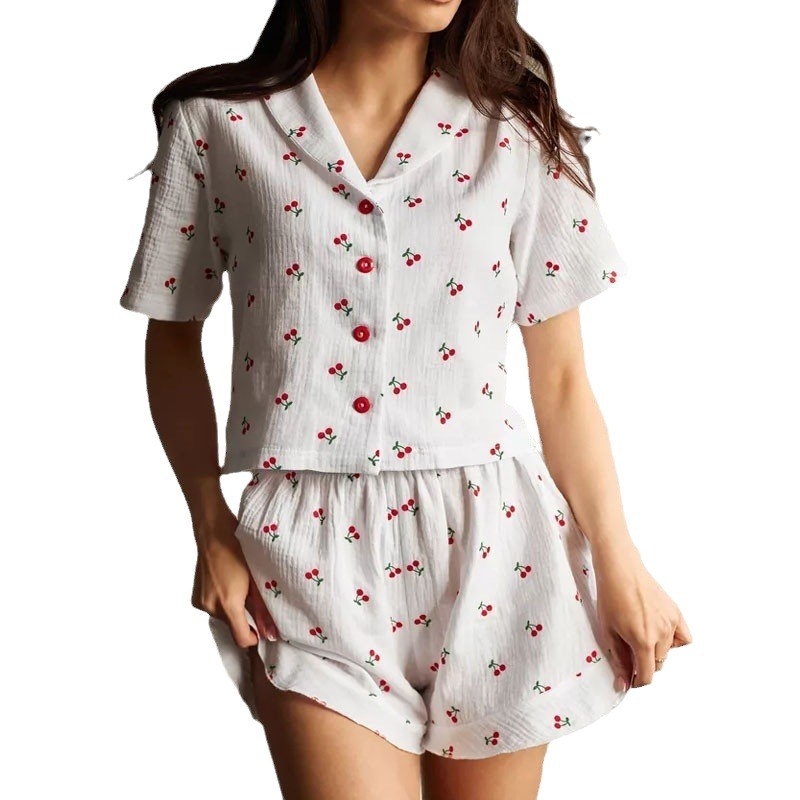 Europska i američka prekogranična opskrba pamučnom pređom od čistog pamuka, pidžame za žene, printane labave mekane kratke hlače s kratkim rukavima, ženske trešnjine reverne hlače