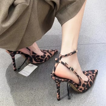 Pantofi cu toc înalt, cu imprimeu leopard și cataramă pe o singură linie, pentru femei, vara 2025, stil nou, stil francez, sexy, stiletto, care nu obosesc picioarele