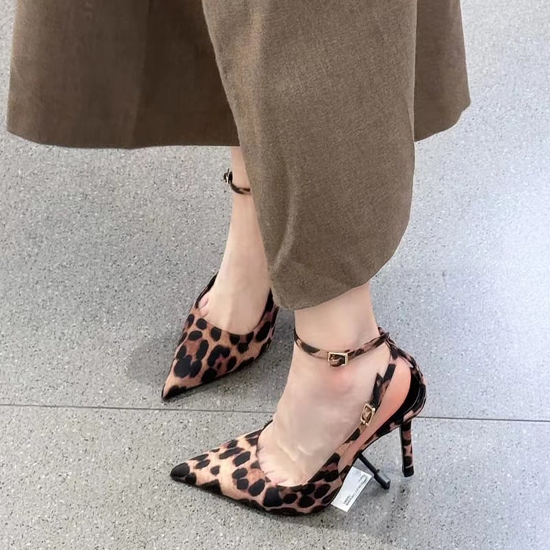 Pantofi cu toc înalt, cu imprimeu leopard și cataramă pe o singură linie, pentru femei, vara 2025, stil nou, stil francez, sexy, stiletto, care nu obosesc picioarele