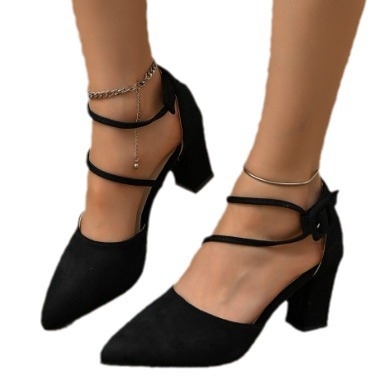 Ženske sandale s visokom petom od brušene kože, ljeto 2024., nove europske i američke sandale s kopčom od jednog znaka i debelom petom, za vanjsku trgovinu