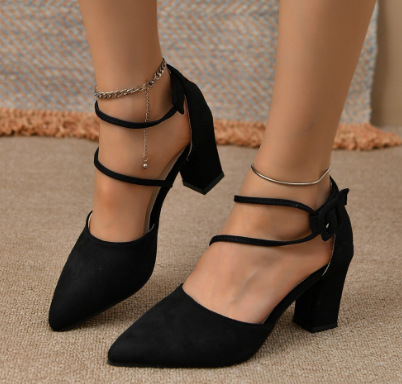 Ženske sandale s visokom petom od brušene kože, ljeto 2024., nove europske i američke sandale s kopčom od jednog znaka i debelom petom, za vanjsku trgovinu